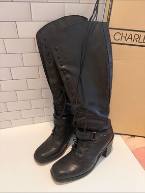 Charles David Black Lace-Up Knee-High Block Heel Boots